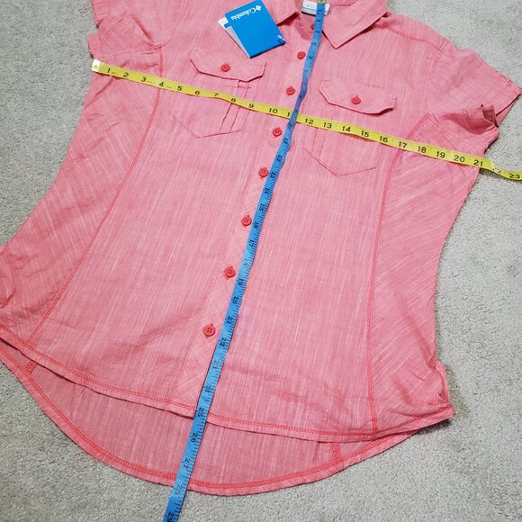 COLUMBIA NWT Camp Henry Short Sleeve Shirt Button Front Cotton Pink Womens Large - Picture 13 of 13